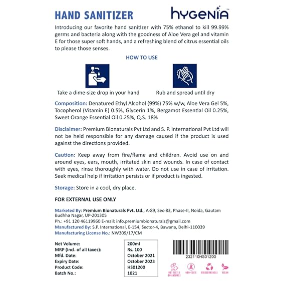 Hygenia Hand Sanitizer – Essential Oils, Aloe Vera and Vitamin E 500ml