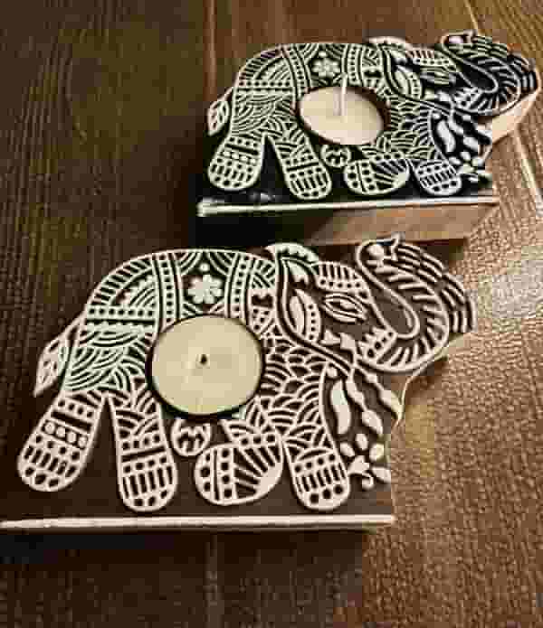 Handcrafted Wooden Diya | Tea light holders | Elephant design