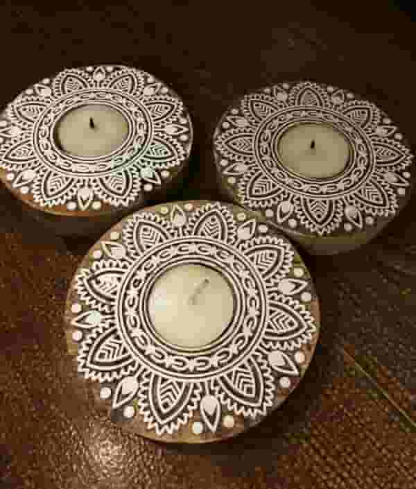 Handcrafted Wooden Diya | Tea light holders |Round Design | Set of 2 by Green Foot Print