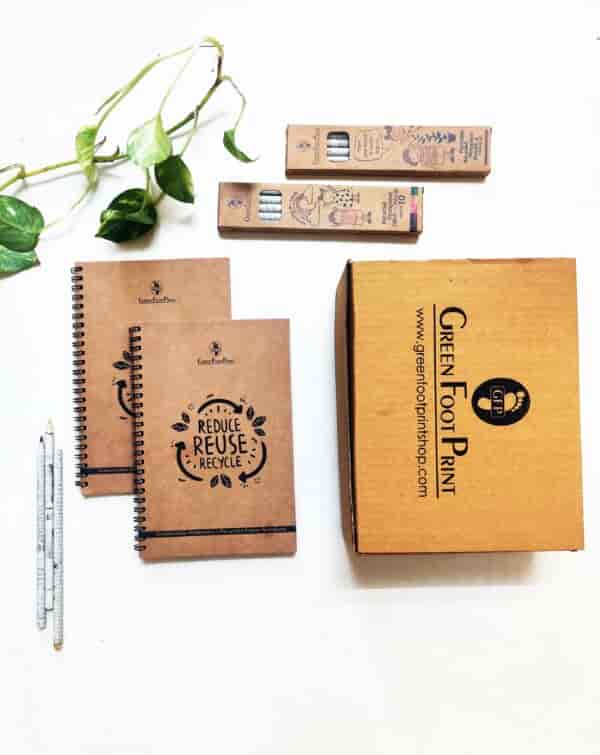 Recycled Paper Note Books, Paper colour pencils and Seed pencils Kit -Gift box by Green Foot Print.