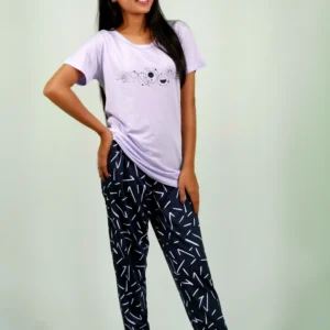 Planets Print Lilac T-shirt & Navy Pant Night Dress